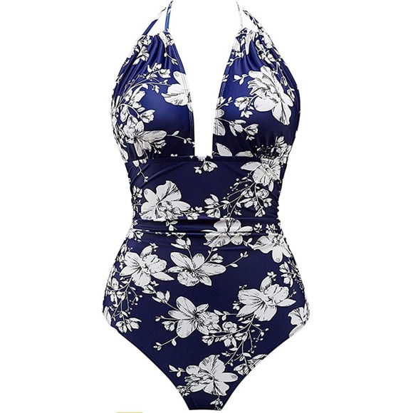 Blue & White Floral Swimsuit Tummy Control Swimwear V Neck Bathing Suit XXL - Picture 2 of 7